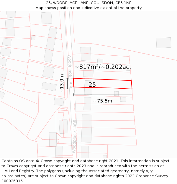 25, WOODPLACE LANE, COULSDON, CR5 1NE: Plot and title map