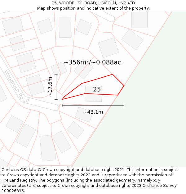 25, WOODRUSH ROAD, LINCOLN, LN2 4TB: Plot and title map