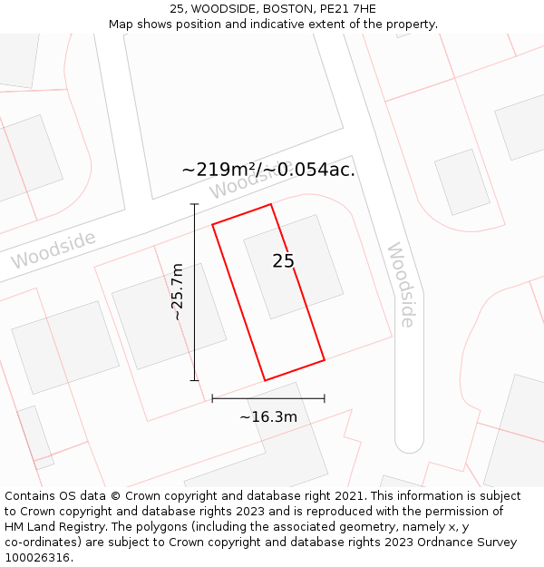 25, WOODSIDE, BOSTON, PE21 7HE: Plot and title map