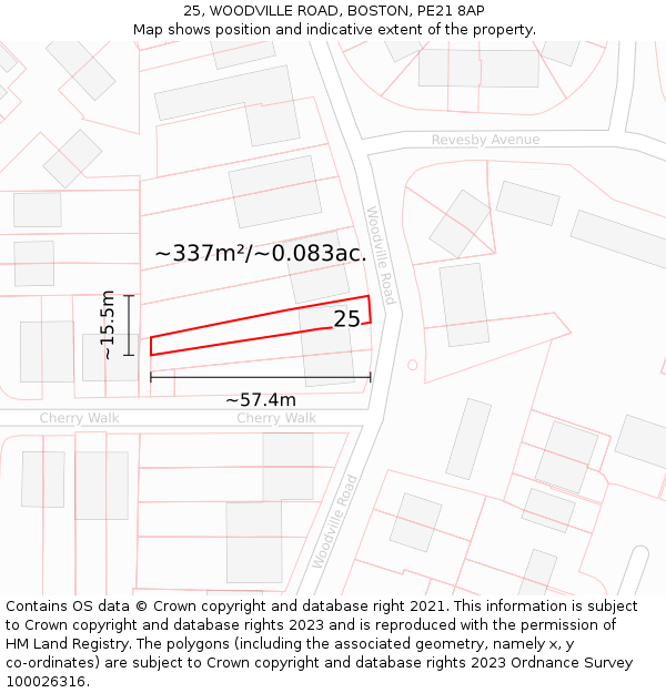 25, WOODVILLE ROAD, BOSTON, PE21 8AP: Plot and title map