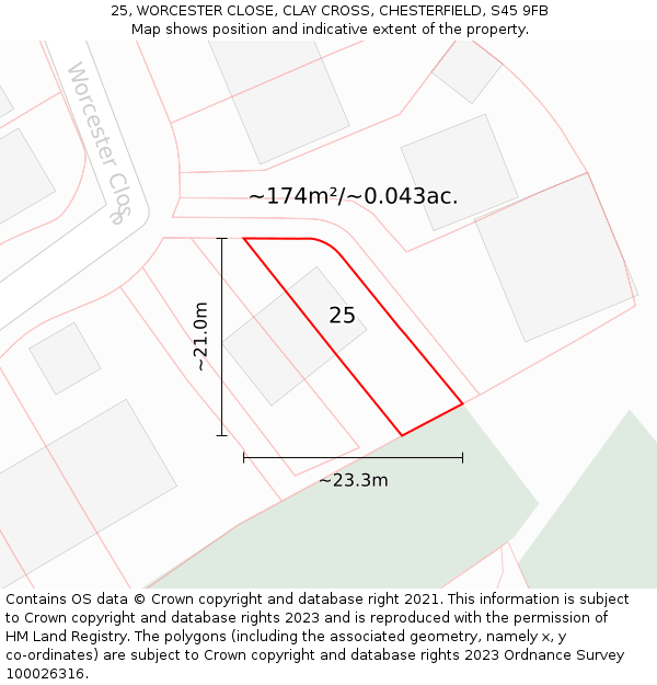 25, WORCESTER CLOSE, CLAY CROSS, CHESTERFIELD, S45 9FB: Plot and title map