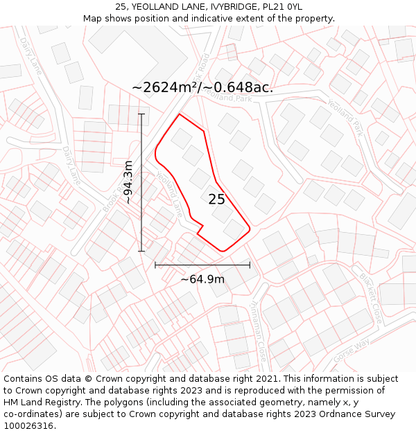 25, YEOLLAND LANE, IVYBRIDGE, PL21 0YL: Plot and title map