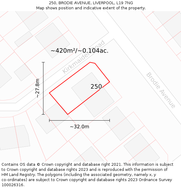 250, BRODIE AVENUE, LIVERPOOL, L19 7NG: Plot and title map