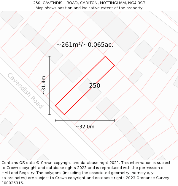 250, CAVENDISH ROAD, CARLTON, NOTTINGHAM, NG4 3SB: Plot and title map