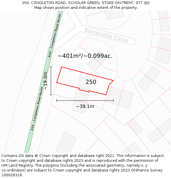 250, CONGLETON ROAD, SCHOLAR GREEN, STOKE-ON-TRENT, ST7 3JG: Plot and title map