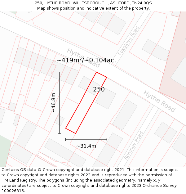 250, HYTHE ROAD, WILLESBOROUGH, ASHFORD, TN24 0QS: Plot and title map