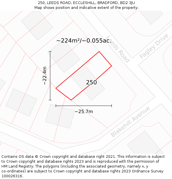 250, LEEDS ROAD, ECCLESHILL, BRADFORD, BD2 3JU: Plot and title map