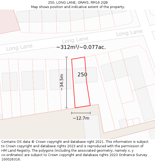 250, LONG LANE, GRAYS, RM16 2QB: Plot and title map