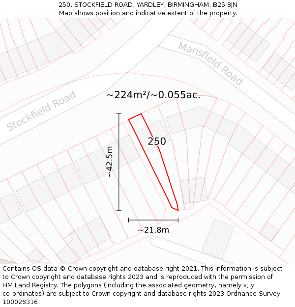 250, STOCKFIELD ROAD, YARDLEY, BIRMINGHAM, B25 8JN: Plot and title map