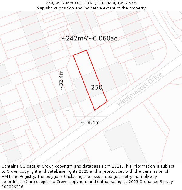 250, WESTMACOTT DRIVE, FELTHAM, TW14 9XA: Plot and title map