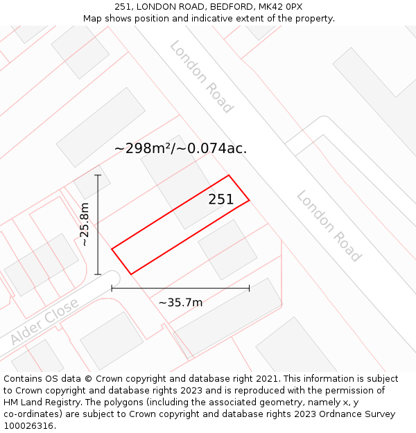 251, LONDON ROAD, BEDFORD, MK42 0PX: Plot and title map