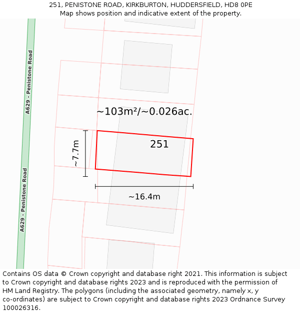 251, PENISTONE ROAD, KIRKBURTON, HUDDERSFIELD, HD8 0PE: Plot and title map