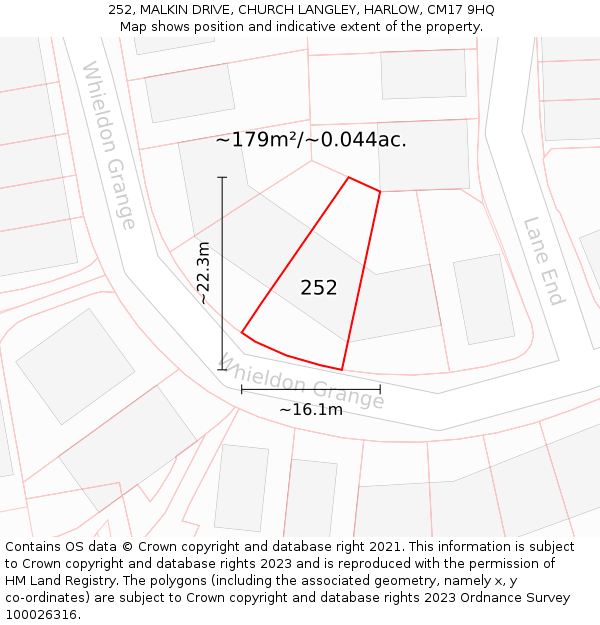 252, MALKIN DRIVE, CHURCH LANGLEY, HARLOW, CM17 9HQ: Plot and title map