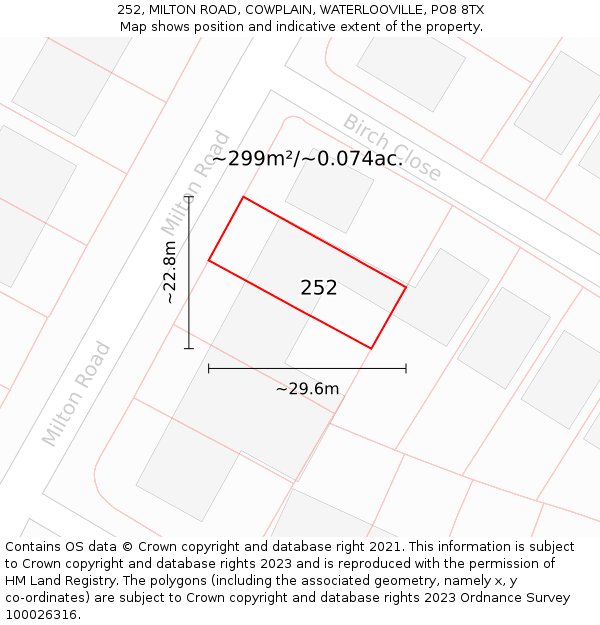 252, MILTON ROAD, COWPLAIN, WATERLOOVILLE, PO8 8TX: Plot and title map