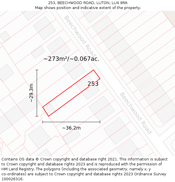 253, BEECHWOOD ROAD, LUTON, LU4 9RA: Plot and title map