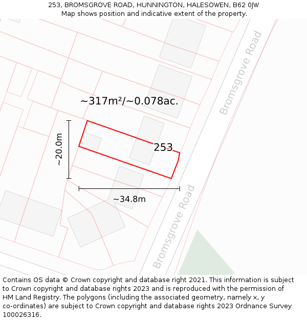 253, BROMSGROVE ROAD, HUNNINGTON, HALESOWEN, B62 0JW: Plot and title map