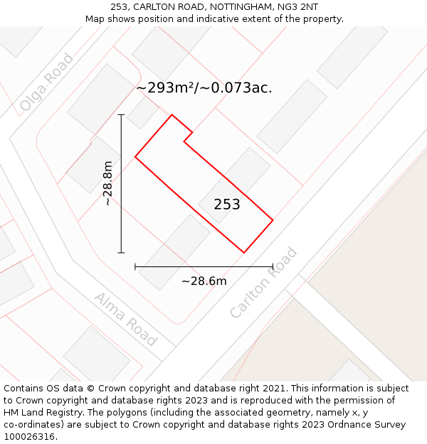 253, CARLTON ROAD, NOTTINGHAM, NG3 2NT: Plot and title map