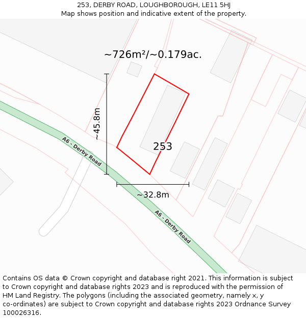 253, DERBY ROAD, LOUGHBOROUGH, LE11 5HJ: Plot and title map