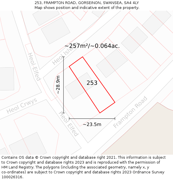 253, FRAMPTON ROAD, GORSEINON, SWANSEA, SA4 4LY: Plot and title map