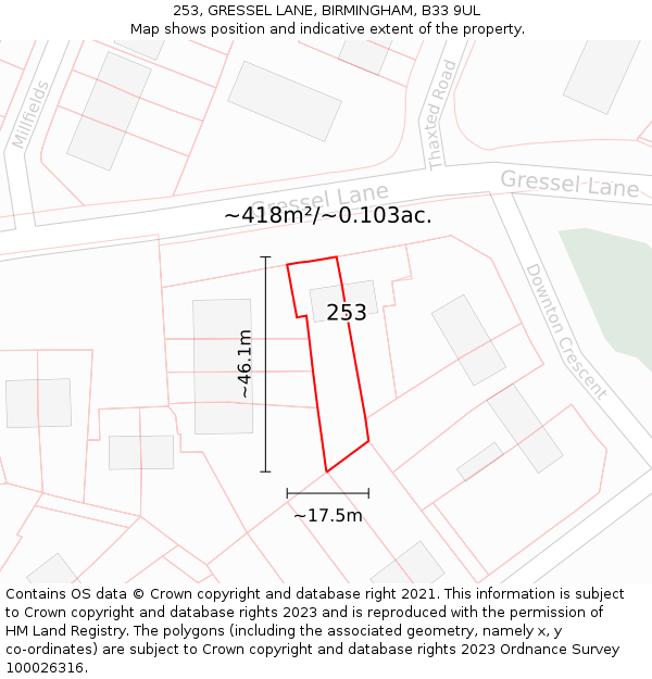 253, GRESSEL LANE, BIRMINGHAM, B33 9UL: Plot and title map