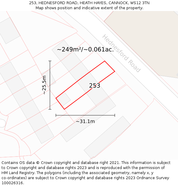 253, HEDNESFORD ROAD, HEATH HAYES, CANNOCK, WS12 3TN: Plot and title map