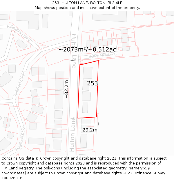 253, HULTON LANE, BOLTON, BL3 4LE: Plot and title map