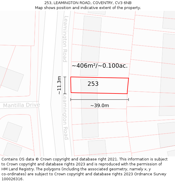 253, LEAMINGTON ROAD, COVENTRY, CV3 6NB: Plot and title map