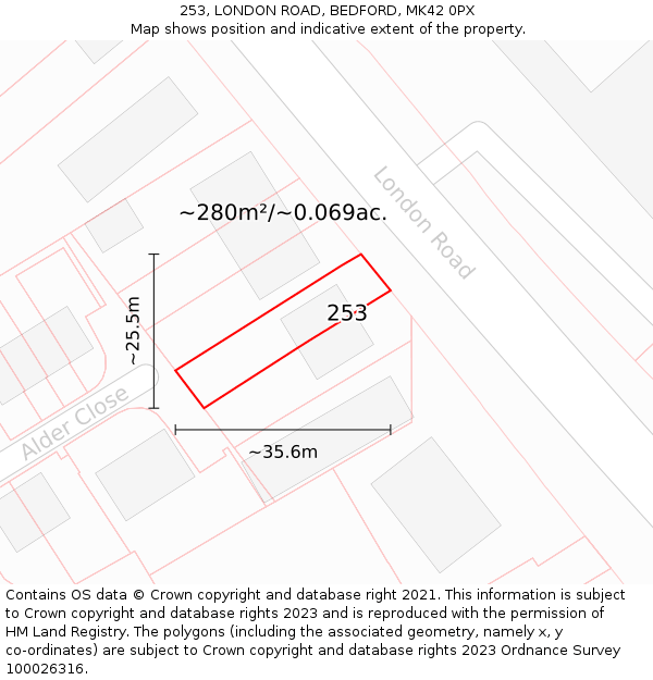 253, LONDON ROAD, BEDFORD, MK42 0PX: Plot and title map