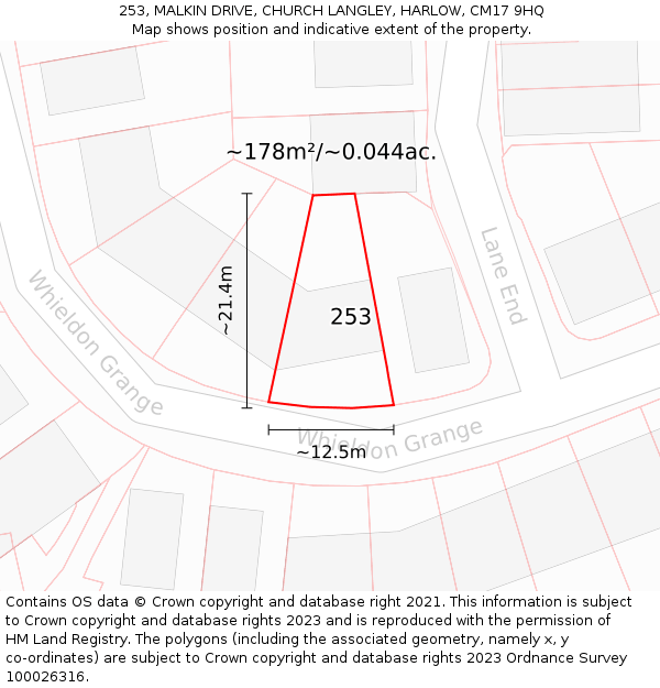 253, MALKIN DRIVE, CHURCH LANGLEY, HARLOW, CM17 9HQ: Plot and title map