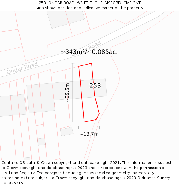 253, ONGAR ROAD, WRITTLE, CHELMSFORD, CM1 3NT: Plot and title map