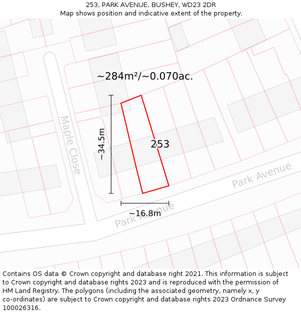 253, PARK AVENUE, BUSHEY, WD23 2DR: Plot and title map