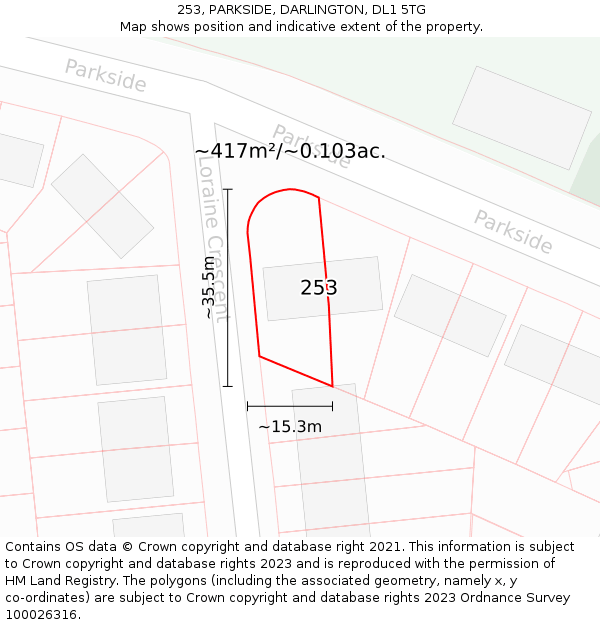 253, PARKSIDE, DARLINGTON, DL1 5TG: Plot and title map