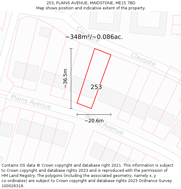 253, PLAINS AVENUE, MAIDSTONE, ME15 7BD: Plot and title map