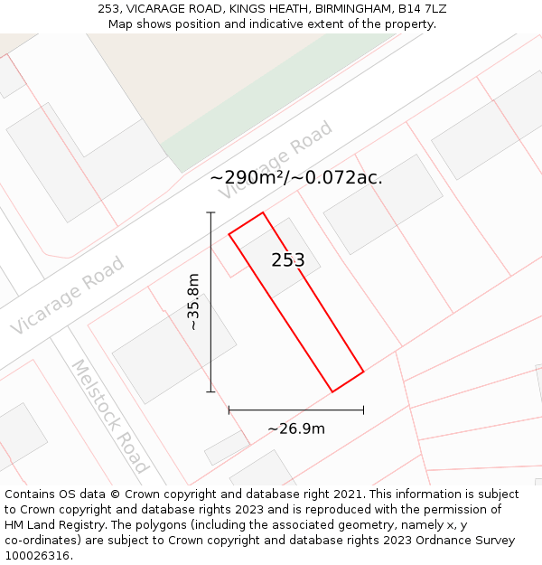 253, VICARAGE ROAD, KINGS HEATH, BIRMINGHAM, B14 7LZ: Plot and title map