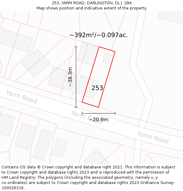 253, YARM ROAD, DARLINGTON, DL1 1BA: Plot and title map