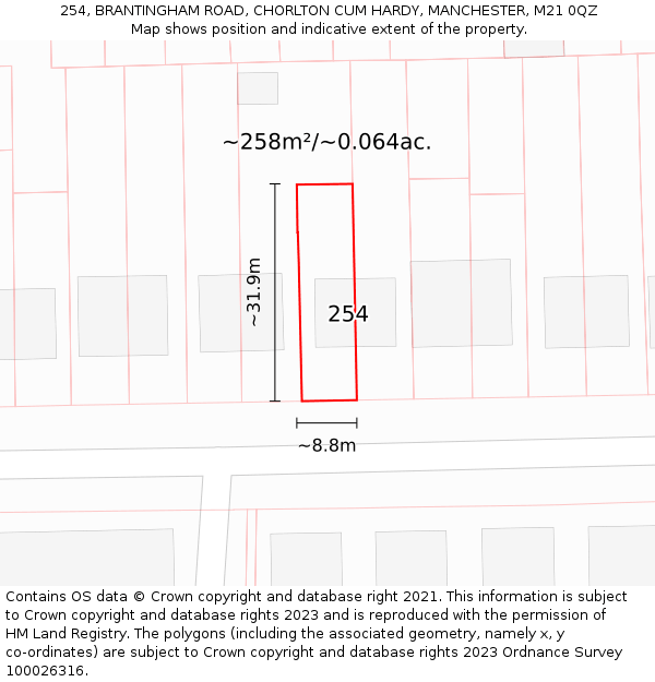 254, BRANTINGHAM ROAD, CHORLTON CUM HARDY, MANCHESTER, M21 0QZ: Plot and title map