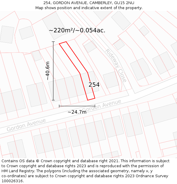 254, GORDON AVENUE, CAMBERLEY, GU15 2NU: Plot and title map