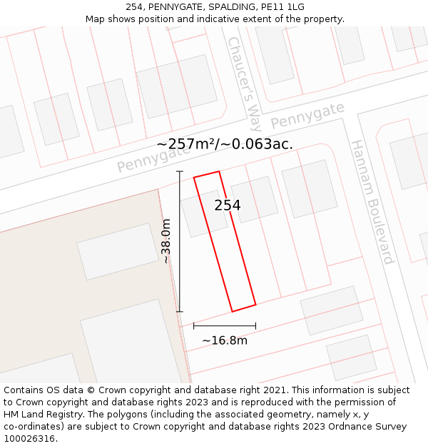 254, PENNYGATE, SPALDING, PE11 1LG: Plot and title map