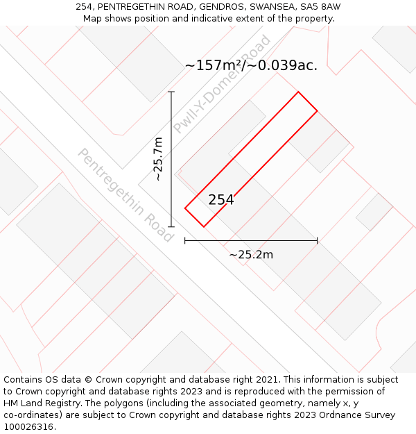 254, PENTREGETHIN ROAD, GENDROS, SWANSEA, SA5 8AW: Plot and title map