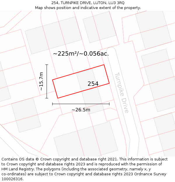 254, TURNPIKE DRIVE, LUTON, LU3 3RQ: Plot and title map