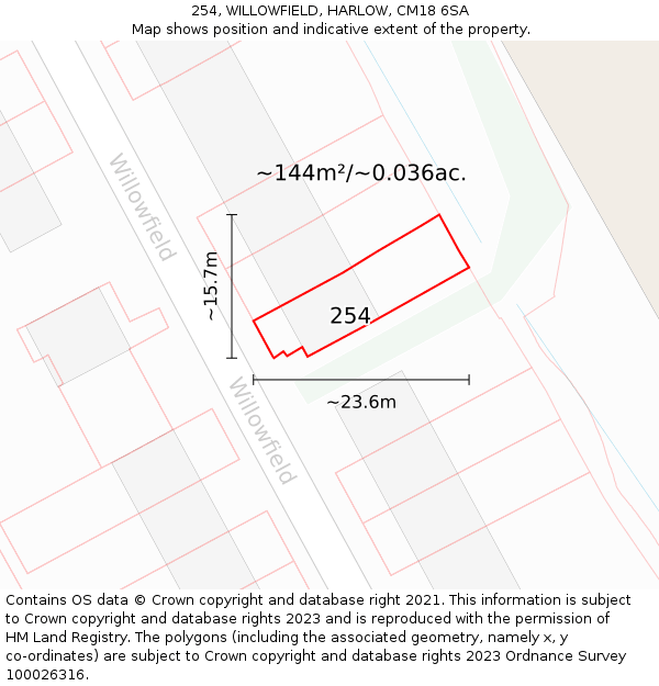 254, WILLOWFIELD, HARLOW, CM18 6SA: Plot and title map