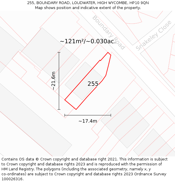 255, BOUNDARY ROAD, LOUDWATER, HIGH WYCOMBE, HP10 9QN: Plot and title map