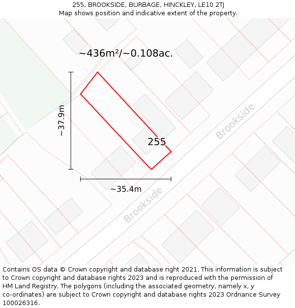 255, BROOKSIDE, BURBAGE, HINCKLEY, LE10 2TJ: Plot and title map