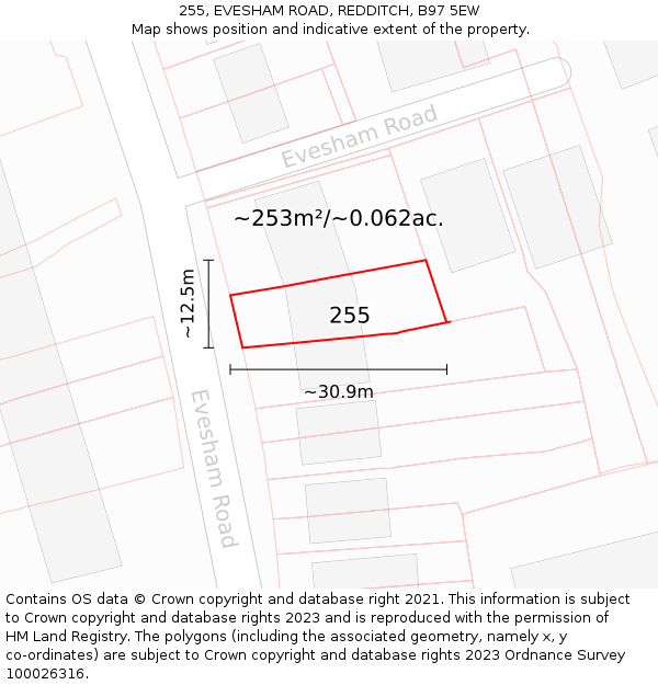 255, EVESHAM ROAD, REDDITCH, B97 5EW: Plot and title map