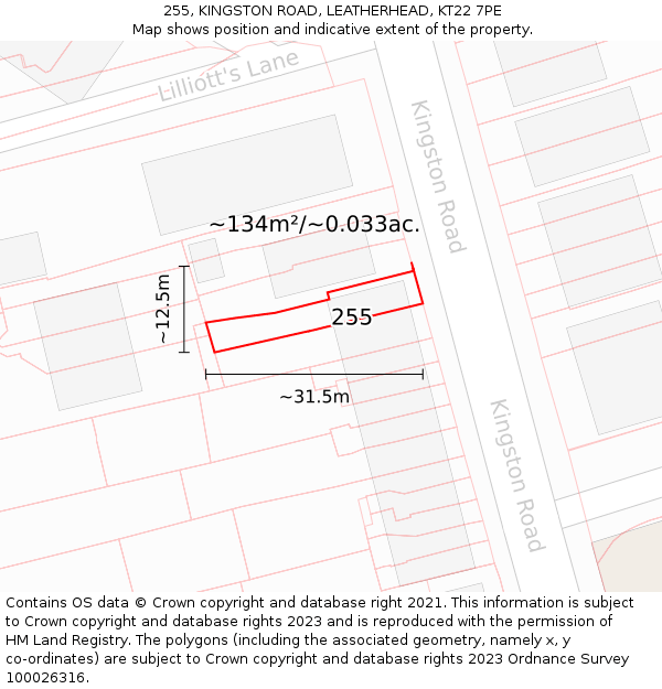 255, KINGSTON ROAD, LEATHERHEAD, KT22 7PE: Plot and title map