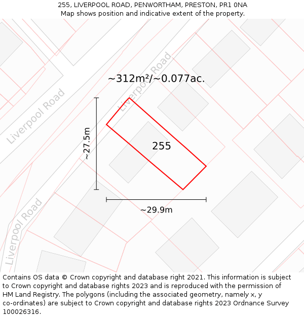 255, LIVERPOOL ROAD, PENWORTHAM, PRESTON, PR1 0NA: Plot and title map