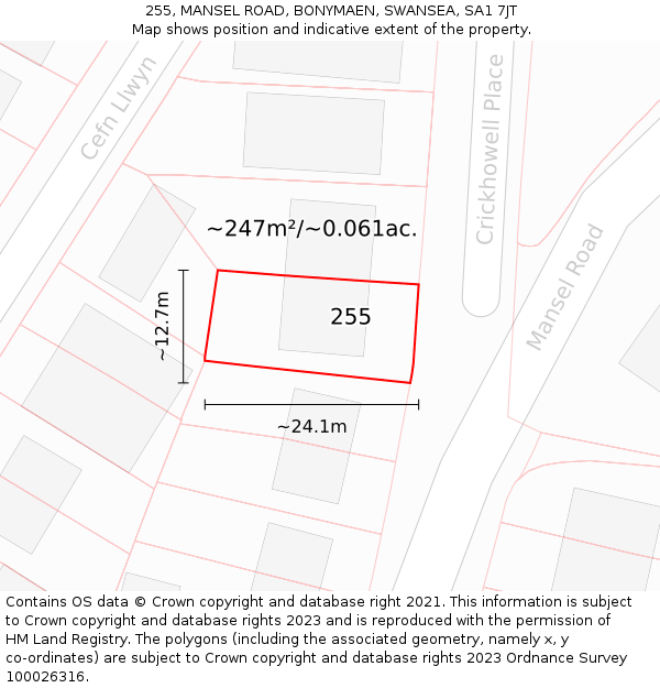 255, MANSEL ROAD, BONYMAEN, SWANSEA, SA1 7JT: Plot and title map