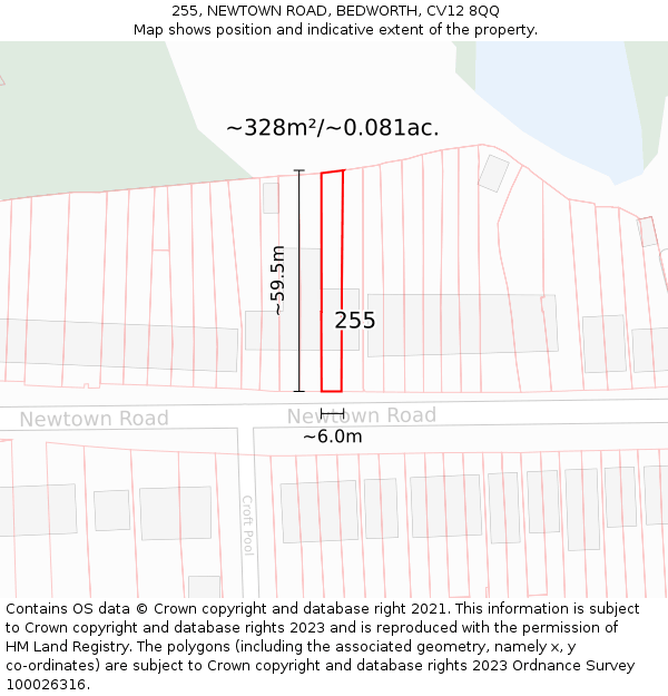 255, NEWTOWN ROAD, BEDWORTH, CV12 8QQ: Plot and title map