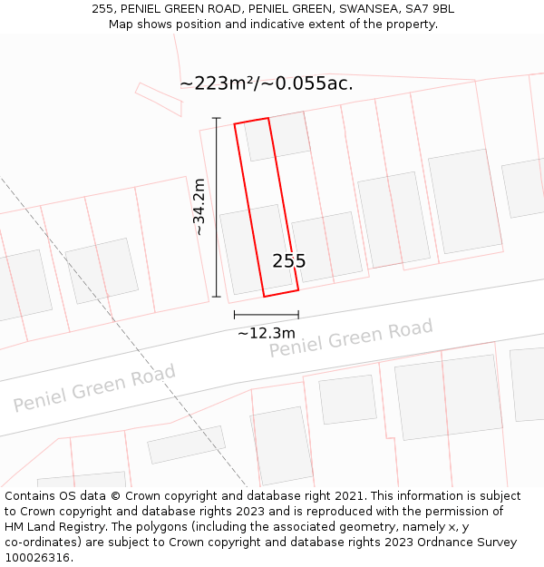 255, PENIEL GREEN ROAD, PENIEL GREEN, SWANSEA, SA7 9BL: Plot and title map