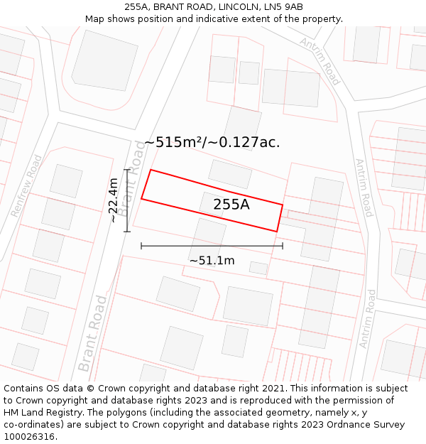 255A, BRANT ROAD, LINCOLN, LN5 9AB: Plot and title map